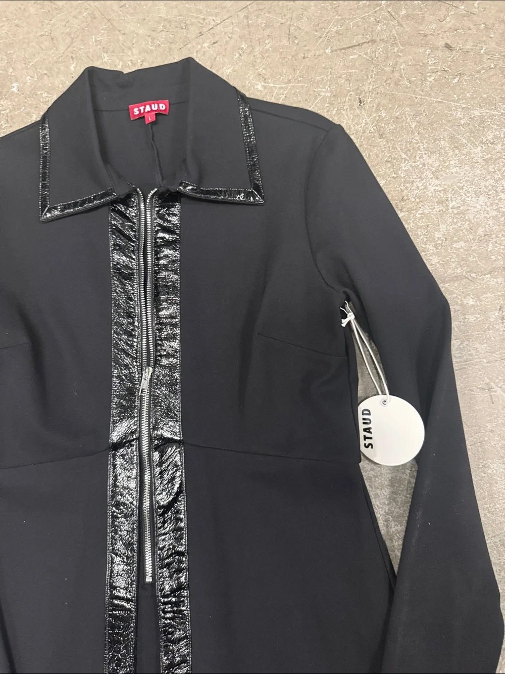 STAUD Black Longline Trench Coat with Patent Trim - Picture 4 of 7